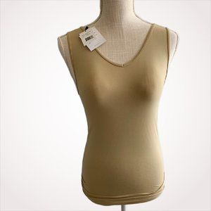 New Fornia Lace Edge V-Neck Tank - Fitted Seamless Cami in Warm Taupe Nude